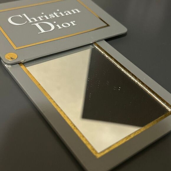 Vintage Christian Dior Slide Compact Mirror Gray Gold Logo Travel Cosmetic Mini - Picture 4 of 8